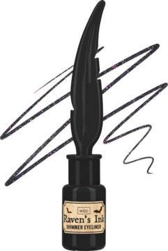 Czarny eyeliner Raven's Ink Shimmer w butelce z aplikatorem w kształcie ptasiego pióra, widok z przodu.