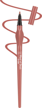 Rosy-brown lip liner pen, "Wand of Death" brand, cap removed to the side, revealing brush tip, with color swoosh.
