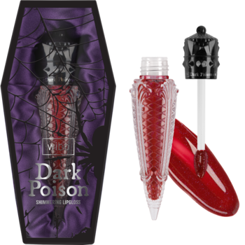 Czerwony błyszczyk do ust Dark Poison w kościstym flakonie, obok fioletowej trumny z pajęczyną.