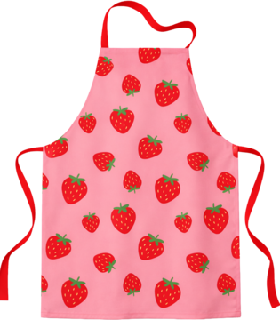 Różowy fartuch kuchenny z wzorem czerwonych truskawek i zielonych szypułek, z wiązaniami. Widok z przodu.