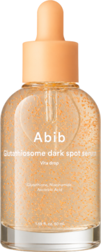 Serum Abib Glutathiosome dark spot serum, szklana butelka z pomarańczową pipetą, widok z przodu, płyn z kropelkami.