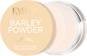Sypki puder Eveline Barley Powder w otwartym, przezroczystym słoiczku z beżową zakrętką, widok z lekkiego kąta.