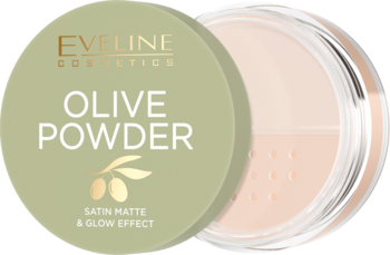 Eveline Olive Powder, puder sypki, satynowy mat i glow, w okrągłym zielono-przezroczystym opakowaniu, widok z góry.