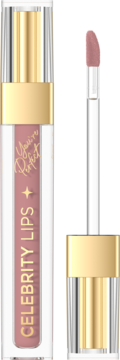 Płynna pomadka Celebrity Lips nude z aplikatorem. Transparentna tuba, złote detale, matowe wykończenie.