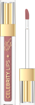Płynna matowa pomadka Celebrity Lips w odcieniu dusty rose. Widok z przodu z wyjętym aplikatorem, złote detale.