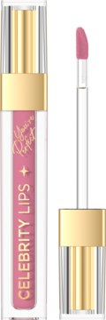 Różowa płynna pomadka Celebrity Lips w tubce, z aplikatorem, widok otwartego opakowania, matowe wykończenie.