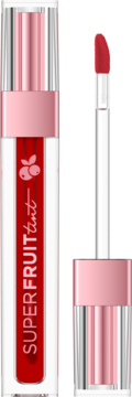 Eliksir do ust Superfruit tint z kwasem hialuronowym. Przezroczysta tubka z czerwonym płynem i wyjęty aplikator.