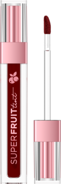 Ciemnoczerwony tint do ust SUPERFRUIT z aplikatorem obok, w przeźroczystej buteleczce z różową nakrętką.