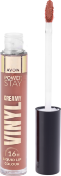Avon Power Stay Creamy Vinyl 16H Liquid Lip Colour w butelce z otwartym aplikatorem, kolor nude brąz.