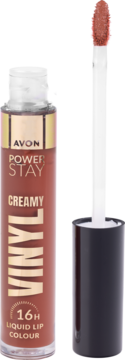 Avon Power Stay 16H Killin’ It Caramel, płynna szminka winylowa, z wysuniętym aplikatorem, w butelce.