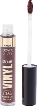 Avon Power Stay Creamy Vinyl 16H Liquid Lip Colour w brązowej butelce, aplikator z produktem obok, widok.
