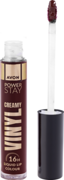 Otwarta winylowa szminka w płynie Avon Power Stay 16H Sangria z wysuniętym aplikatorem, widok z przodu.
