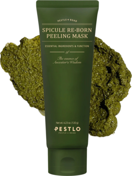 Ciemnozielona tubka PESTLO SPICULE RE-BORN PEELING MASK, widok z przodu na gęstą zieloną pastę.