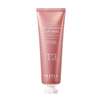 Różowa tubka maski Pestlo Baby Collagen Glow Mask T3, z białym tekstem, widok z przodu na pastelowym tle.