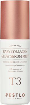Pionowa biała butelka Pestlo T3 Baby Collagen Glow Serum Mist z miedzianą nakrętką, widok z przodu, widoczny napis T3.
