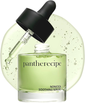 Pestlo Pantherecipe Nonicica Soothing Serum w zielonej butelce, z zakraplaczem i kroplą zielonego serum.