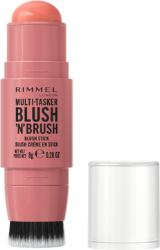 Róż Rimmel Multi-Tasker Blush 'N' Brush Cotton Candy, różowo-koralowy sztyft z pędzelkiem, obok zdjęta zakrętka.