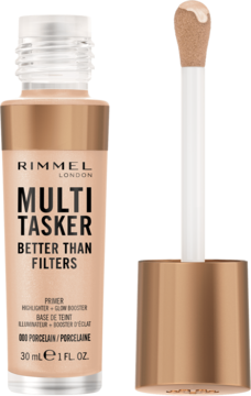 Rimmel Multi Tasker Better Than Filters 000 Porcelain, beżowa butelka 30ml z aplikatorem obok, widok z przodu.