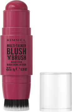 Róż w sztyfcie Rimmel Multi-Tasker Blush 'N'Brush fuksja, z wbudowanym pędzelkiem i otwartą nakrętką.