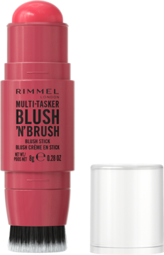 Rimmel Multi-Tasker Blush 'N' Brush Stick, koralowo-różowy, z wysuniętym kremowym różem i pędzelkiem.
