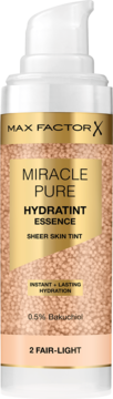 Max Factor Miracle Pure Hydratint Essence 2 Fair-Light, nawilżający tint do twarzy, biała butelka z pompką, widoczne mikrokapsułki.