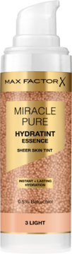 MAX FACTOR Miracle Pure Hydratint Essence 3 Light, lekki podkład z Bakuchiolem w szklanej butelce z pompką, widok z przodu.