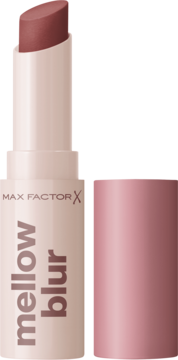 Otwarta pomadka Max Factor Mellow Blur Mochi Mauve, matowa, z wysuniętym sztyftem i różową nakrętką.