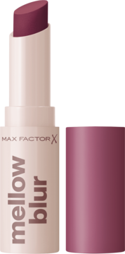 Max Factor Mellow Blur w Brushed Berry, otwarta, ciemnoróżowa pomadka wygładzająca, widoczny sztyft i nakrętka.