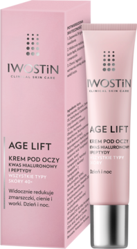 Iwostin Age Lift krem pod oczy z kwasem hialuronowym i peptydami, różowa tubka i pudełko z przodu.