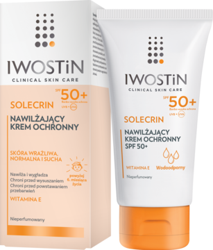 Iwostin Solecrin Nawilżający krem ochronny SPF 50+ w białej tubce z pomarańczowym korkiem i pudełku.