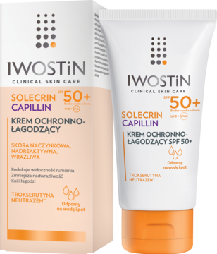 Iwostin Solecrin Capillin SPF 50+ krem ochronno-łagodzący do skóry naczynkowej, pudełko i tubka.