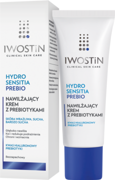 Iwostin Hydro Sensitia Prebio krem nawilżający, biała tuba z niebieskimi detalami obok pudełka.