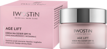 Iwostin Age Lift przeciwzmarszczkowy krem na dzień SPF 15, różowy słoik i pudełko z przodu.