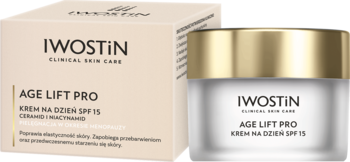 Iwostin Age Lift Pro SPF 15 krem przeciwzmarszczkowy, beżowe pudełko i szklany słoik z złotą nakrętką, widok z przodu.