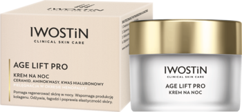 Iwostin Age Lift Pro, przeciwzmarszczkowy krem na noc, w beżowym pudełku i słoiczku, widok pod kątem.
