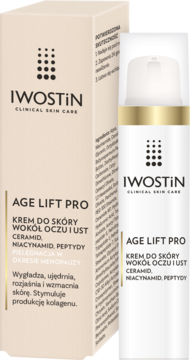 Iwostin Age Lift Pro krem pod oczy i usta z ceramidem; białe pudełko i tubka na białym tle, widok z przodu.