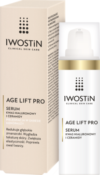 Iwostin Age Lift Pro Serum z kwasem hialuronowym i ceramidami, biała butelka z pompką przed beżowym pudełkiem.