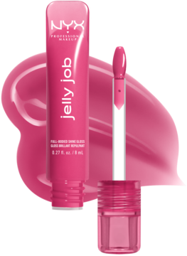 Różowy błyszczyk NYX Jelly Job Jelly Jammin' w tubce i z aplikatorem szpatułkowym, na tle własnego połysku.