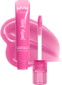 Różowy błyszczyk NYX Jelly Job w tubce z widocznym aplikatorem, dający szklany połysk ustom.