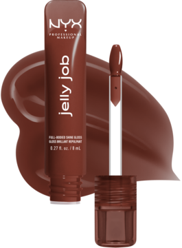 Brązowy błyszczyk NYX Jelly Job Jellybean w tubce, z aplikatorem i smużką produktu. Pełny połysk.