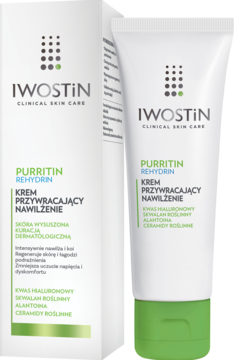 Iwostin Purritin Rehydrin krem nawilżający do skóry suchej, biała tubka i pudełko z zielonym spodem, widok z przodu.