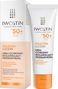 Iwostin Solecrin Lucidin SPF 50+ krem rozjaśniający przebarwienia. Biała tubka i pudełko na białym tle, widok pod kątem.