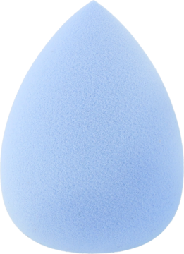Jasnoniebieska gąbka do makijażu beauty blender, kształt łezki, widok z przodu, miękka i porowata.