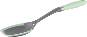 Wielofunkcyjna zielono-szara łyżka do gotowania z miękkim uchwytem, widok z boku. Odporna na 180°.