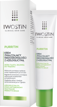 Iwostin Purritin krem przeciw niedoskonałościom z azeloglicyną do cery trądzikowej, białe opakowania z zielonymi detalami.