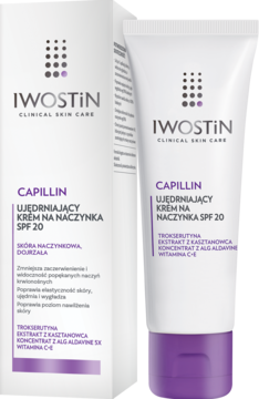 IWOSTIN Capillin Krem Ujędrniający na Naczynka SPF 20: biała tubka i pudełko obok siebie, widok z przodu.