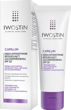 Biała tubka kremu Iwostin Capillin SPF 20 na zaczerwienienia, stojąca obok białego opakowania kartonowego.