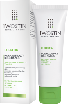 Iwostin Purritin normalizujący krem na noc, biała tubka i kartonik z zielonymi napisami, widok z przodu.