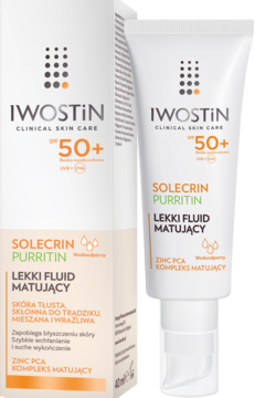 Iwostin Solecrin Purritin lekki fluid matujący SPF 50+ w białej tubce i jasnobeżowym pudełku, widok z przodu.