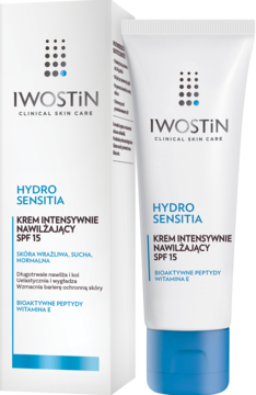 Iwostin Hydro Sensitia, intensywnie nawilżający krem SPF 15 w białej tubce obok kartonika, widok z przodu.